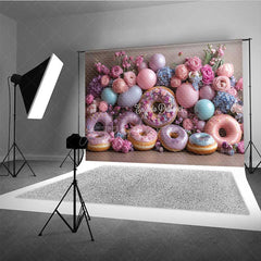 Aperturee - Aperturee Donut Wall Wedding Photography Backdrop Colorful Donuts with Peonies and Balloons Sweet Celebration Photo Prop