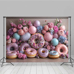 Aperturee - Aperturee Donut Wall Wedding Photography Backdrop Colorful Donuts with Peonies and Balloons Sweet Celebration Photo Prop