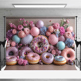 Aperturee - Aperturee Donut Wall Wedding Photography Backdrop Colorful Donuts with Peonies and Balloons Sweet Celebration Photo Prop