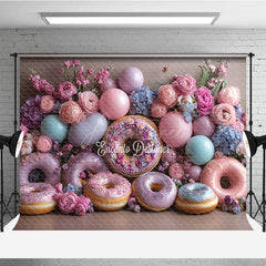 Aperturee - Aperturee Donut Wall Wedding Photography Backdrop Colorful Donuts with Peonies and Balloons Sweet Celebration Photo Prop