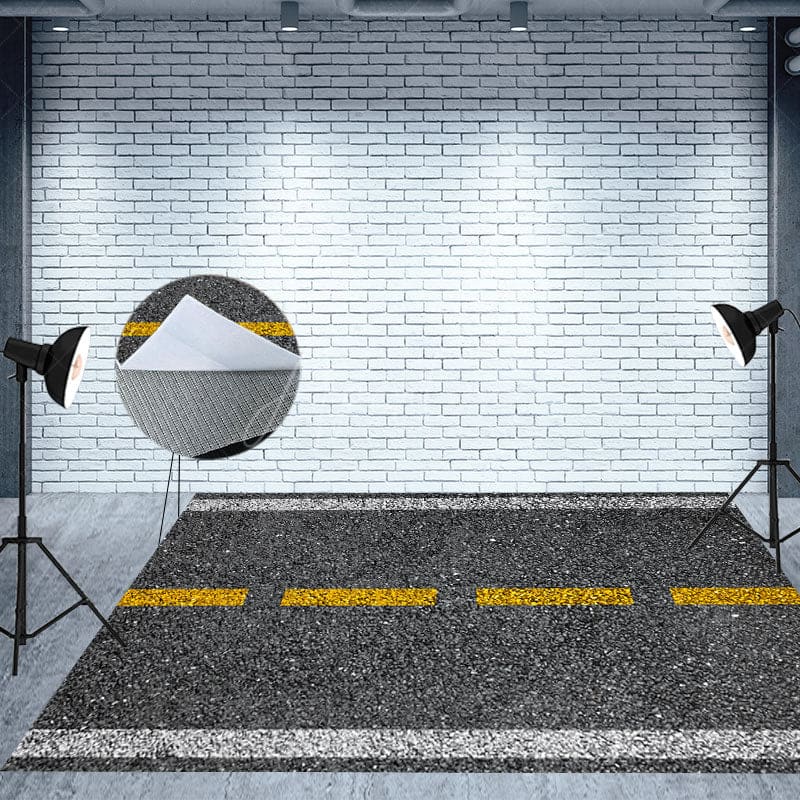 Aperturee - Aperturee Dotted Yellow White Line Asphalt Road Fabric Floor Mat