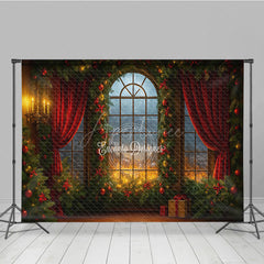 Aperturee - Aperturee Dramatic Christmas Window Photography Backdrop Fiery Sunset with Red Curtains Cozy Holiday Mini Session Background