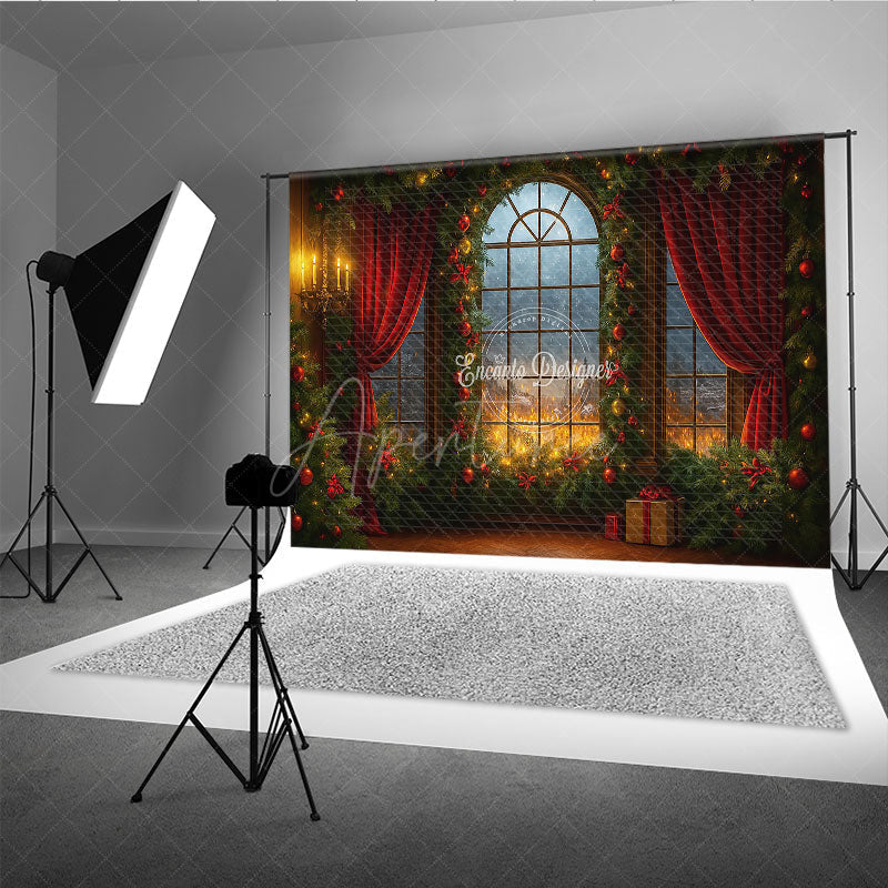 Aperturee - Aperturee Dramatic Christmas Window Photography Backdrop Fiery Sunset with Red Curtains Cozy Holiday Mini Session Background
