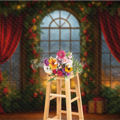 Aperturee - Aperturee Dramatic Christmas Window Photography Backdrop Fiery Sunset with Red Curtains Cozy Holiday Mini Session Background