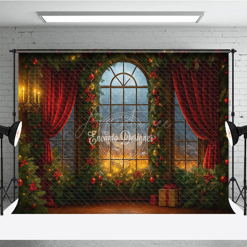 Aperturee - Aperturee Dramatic Christmas Window Photography Backdrop Fiery Sunset with Red Curtains Cozy Holiday Mini Session Background