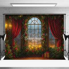 Aperturee - Aperturee Dramatic Christmas Window Photography Backdrop Fiery Sunset with Red Curtains Cozy Holiday Mini Session Background