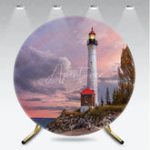 Aperturee - Aperturee Dramatic Pink Sunset Sky Lighthouse Round Backdrop Scenic Coastal Landscape Photography Background