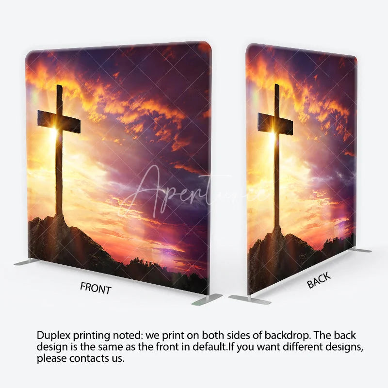 Aperturee - Aperturee Dramatic Sunset Cross Square Double-Sided Backdrop Spiritual Easter Celebration and Hopeful Religious Decor