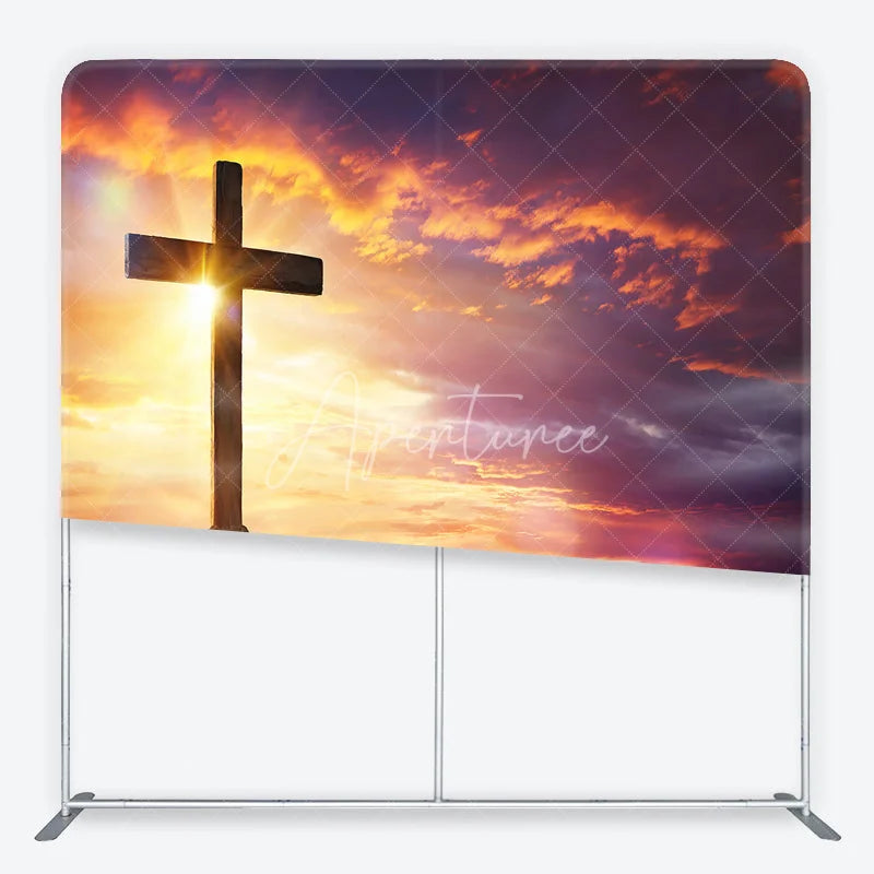 Aperturee - Aperturee Dramatic Sunset Cross Square Double-Sided Backdrop Spiritual Easter Celebration and Hopeful Religious Decor