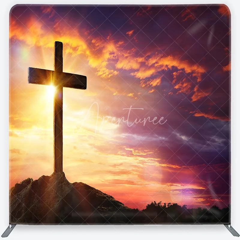 Aperturee - Aperturee Dramatic Sunset Cross Square Double-Sided Backdrop Spiritual Easter Celebration and Hopeful Religious Decor