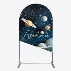 Aperturee - Aperturee Dreamy Blue Gold Silver Planets and Stars Space Round Top Arch Backdrop Celestial Galaxy Universe Theme Party Decor