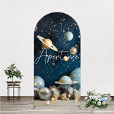 Aperturee - Aperturee Dreamy Blue Gold Silver Planets and Stars Space Round Top Arch Backdrop Celestial Galaxy Universe Theme Party Decor