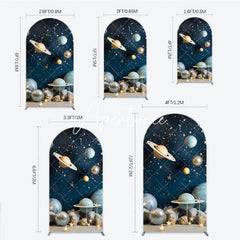 Aperturee - Aperturee Dreamy Blue Gold Silver Planets and Stars Space Round Top Arch Backdrop Celestial Galaxy Universe Theme Party Decor