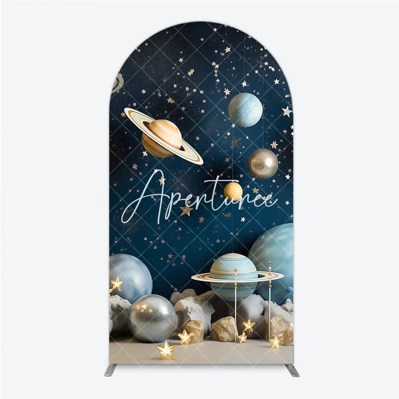 Aperturee - Aperturee Dreamy Blue Gold Silver Planets and Stars Space Round Top Arch Backdrop Celestial Galaxy Universe Theme Party Decor