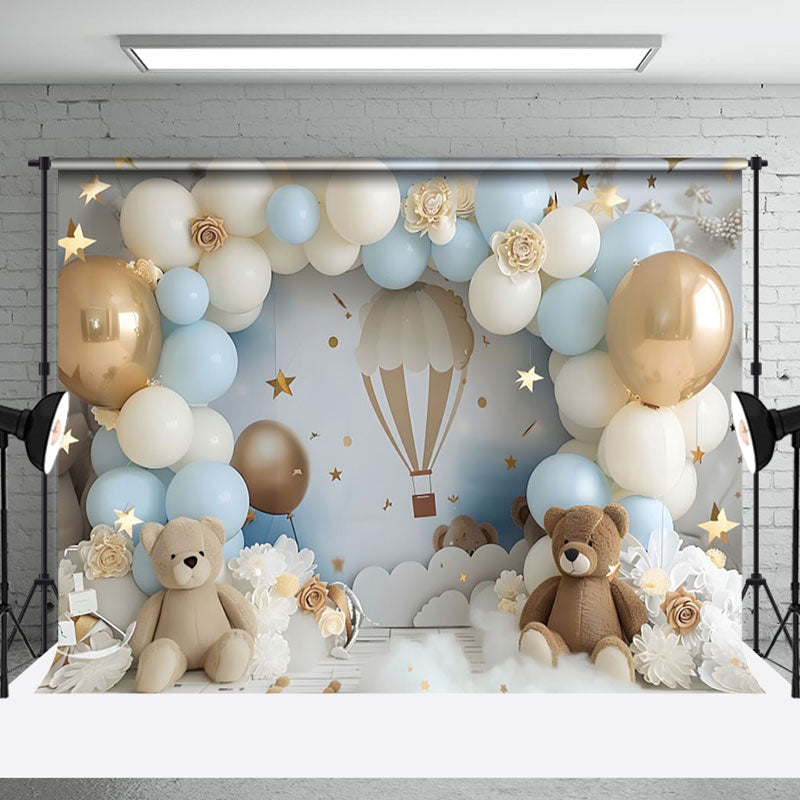 Aperturee - Aperturee Dreamy Blue White Balloon Sky Teddy Bear Backdrop