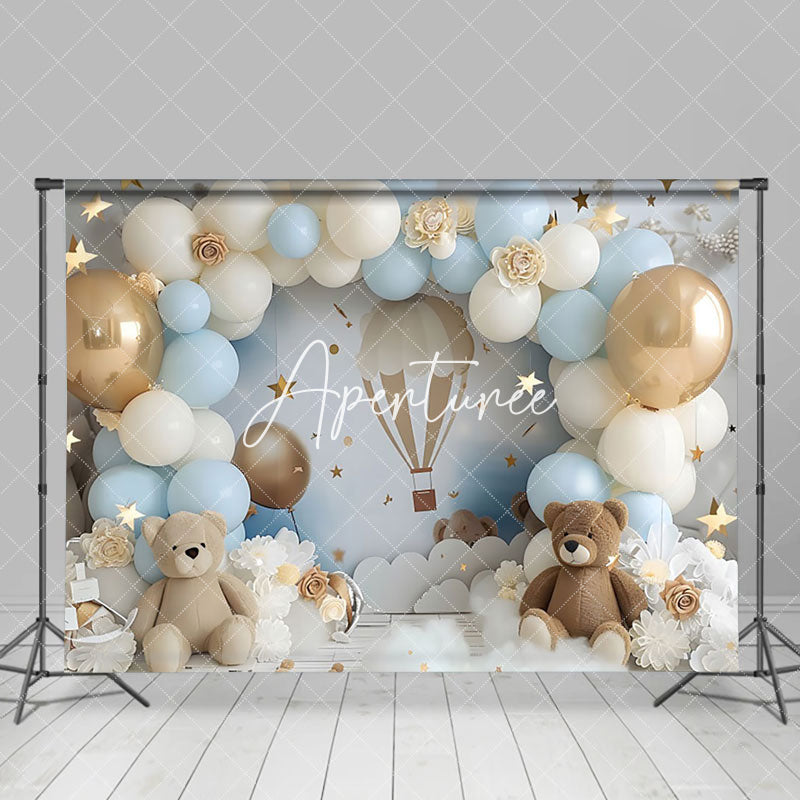 Aperturee - Aperturee Dreamy Blue White Balloon Sky Teddy Bear Backdrop