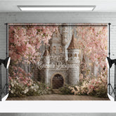 Aperturee - Aperturee Dreamy Fairytale Castle Photography Backdrop with Pink Cherry Blossoms Spring Garden Princess Birthday Party Decor