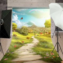 Aperturee - Aperturee Dreamy Fairytale Natural Scenery Backdrop Winding Path Green Field Rainbow Butterfly Photography Studio