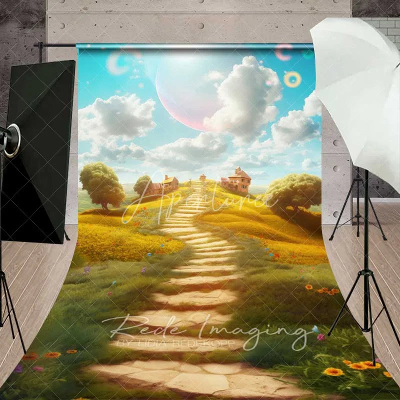 Aperturee - Aperturee Dreamy Fantasy Landscape Backdrop Winding Stone Path Yellow Flowers Magical Village Sky Photography