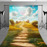 Aperturee - Aperturee Dreamy Fantasy Landscape Backdrop Winding Stone Path Yellow Flowers Magical Village Sky Photography