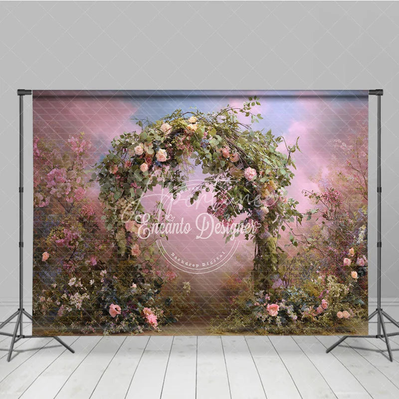 Aperturee - Aperturee Dreamy Floral Arch Photography Backdrop with Lush Greenery and Pink and Blue Sky Romantic Garden Scene for Events