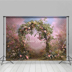 Aperturee - Aperturee Dreamy Floral Arch Photography Backdrop with Lush Greenery and Pink and Blue Sky Romantic Garden Scene for Events