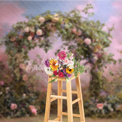 Aperturee - Aperturee Dreamy Floral Arch Photography Backdrop with Lush Greenery and Pink and Blue Sky Romantic Garden Scene for Events