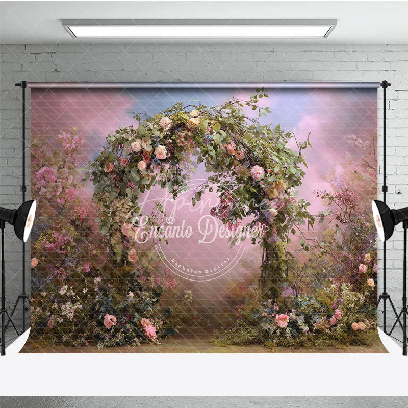 Aperturee - Aperturee Dreamy Floral Arch Photography Backdrop with Lush Greenery and Pink and Blue Sky Romantic Garden Scene for Events
