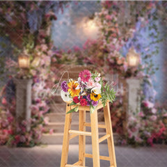 Aperturee - Aperturee Dreamy Floral Staircase Photography Backdrop with Glowing Lanterns Elegant Wedding and Engagement Party Decor