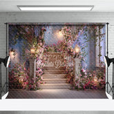 Aperturee - Aperturee Dreamy Floral Staircase Photography Backdrop with Glowing Lanterns Elegant Wedding and Engagement Party Decor