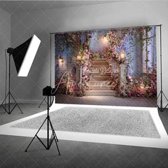 Aperturee - Aperturee Dreamy Floral Staircase Photography Backdrop with Glowing Lanterns Elegant Wedding and Engagement Party Decor