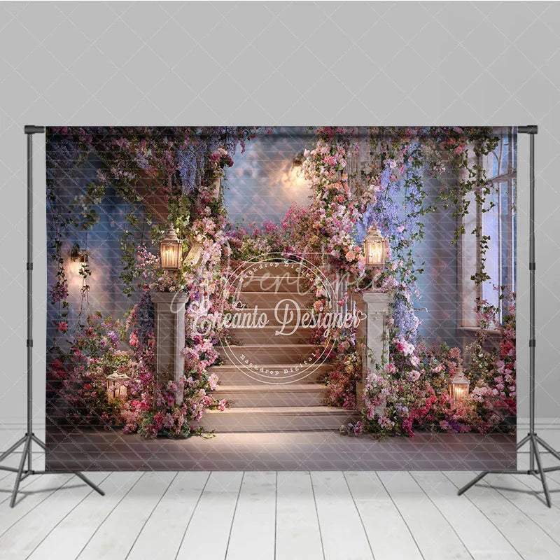 Aperturee - Aperturee Dreamy Floral Staircase Photography Backdrop with Glowing Lanterns Elegant Wedding and Engagement Party Decor