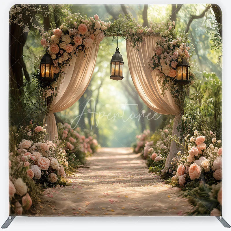 Aperturee - Aperturee Dreamy Forest Archway with Pink Roses and Lanterns Square Double-Sided Backdrop Elegant Wedding Decor