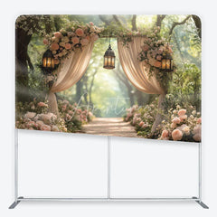Aperturee - Aperturee Dreamy Forest Archway with Pink Roses and Lanterns Square Double-Sided Backdrop Elegant Wedding Decor