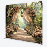 Aperturee - Aperturee Dreamy Forest Archway with Pink Roses and Lanterns Square Double-Sided Backdrop Elegant Wedding Decor
