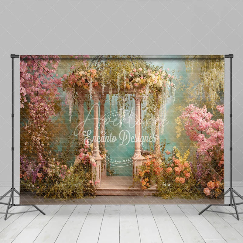 Aperturee - Aperturee Dreamy Garden Photography Backdrop with Elegant Stone Gazebo Pink Cherry Blossoms and Lush Pastel Flowers