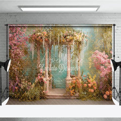 Aperturee - Aperturee Dreamy Garden Photography Backdrop with Elegant Stone Gazebo Pink Cherry Blossoms and Lush Pastel Flowers