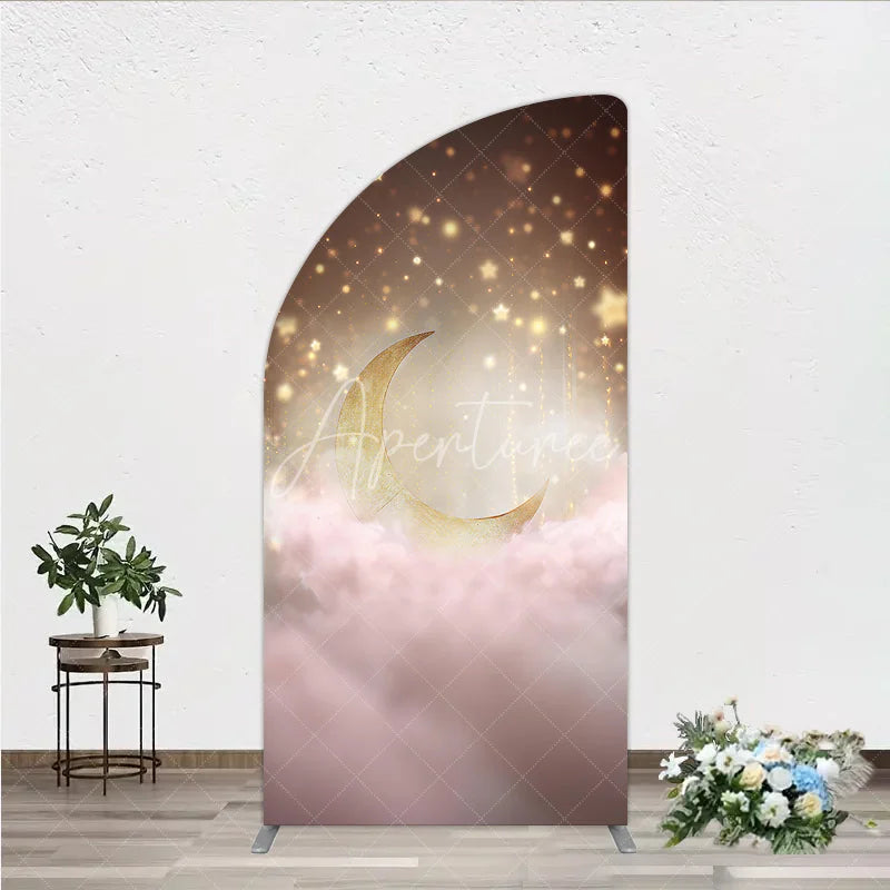 Aperturee - Aperturee Dreamy Golden Half Moon Arch Backdrop with Pink Clouds Sparkling Stars for Baby Shower or Birthday Party