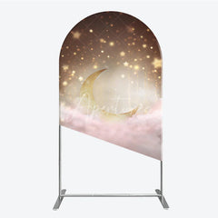 Aperturee - Aperturee Dreamy Golden Moon and Sparkling Stars Round Top Arch Backdrop Pink Clouds Baby Shower or Birthday Party Decor