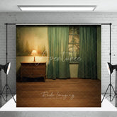 Aperturee - Aperturee Dreamy Indoor Photography Backdrop with Forest Mural Window and Green Curtains Wooden Nightstand and Lamp
