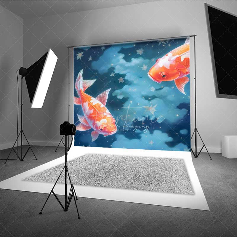 Aperturee Aperturee Dreamy Koi Fish Photography Backdrop Two Goldfish Swimming in a Starry Night Sky Fine Art Japanese Style Prop