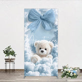Aperturee - Aperturee Dreamy Light Blue Bow and White Teddy Bear in Clouds Rectangle Arch Backdrop for Baby Shower Birthday Party
