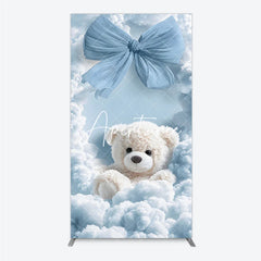 Aperturee - Aperturee Dreamy Light Blue Bow and White Teddy Bear in Clouds Rectangle Arch Backdrop for Baby Shower Birthday Party