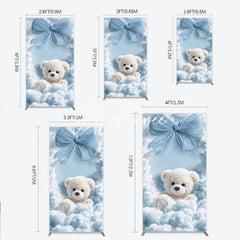 Aperturee - Aperturee Dreamy Light Blue Bow and White Teddy Bear in Clouds Rectangle Arch Backdrop for Baby Shower Birthday Party