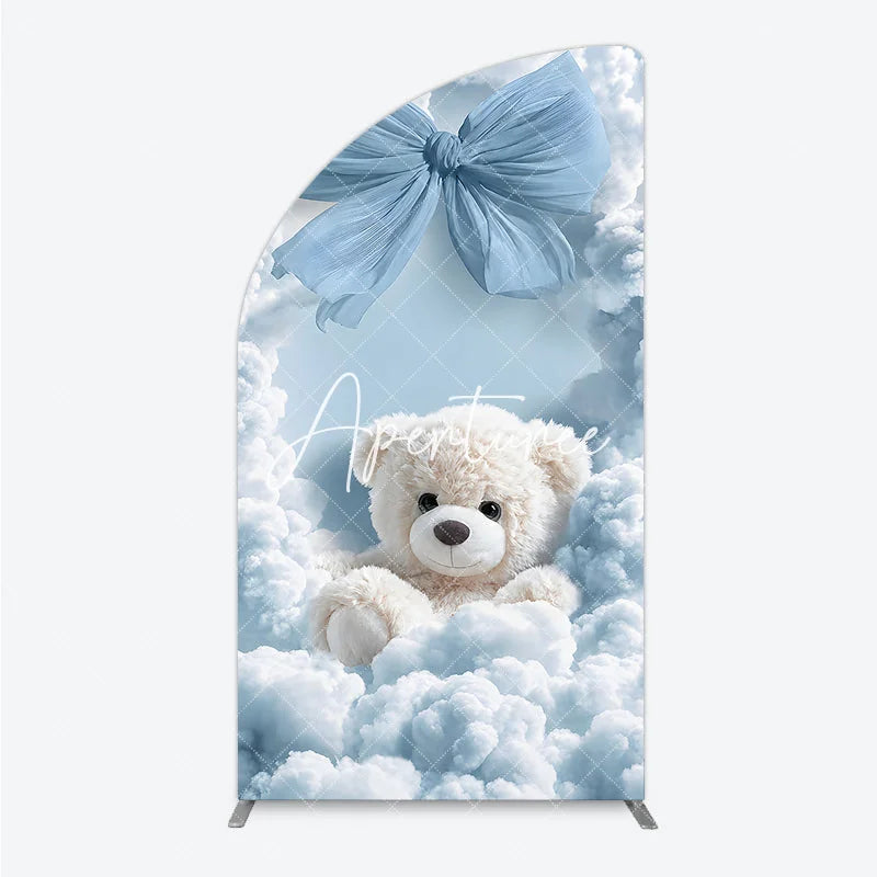 Aperturee - Aperturee Dreamy Light Blue Clouds and Teddy Bear Half Moon Arch Backdrop Baby Shower Birthday Party Decor