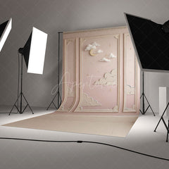 Aperturee Aperturee Dreamy Moon and Clouds Cake Smash Backdrop Pink Wall with Gold Stars Twinkle Twinkle First Birthday Photo Prop