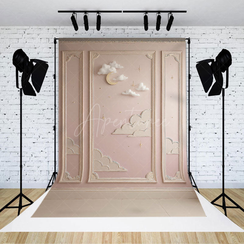 Aperturee Aperturee Dreamy Moon and Clouds Cake Smash Backdrop Pink Wall with Gold Stars Twinkle Twinkle First Birthday Photo Prop