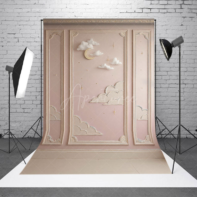 Aperturee Aperturee Dreamy Moon and Clouds Cake Smash Backdrop Pink Wall with Gold Stars Twinkle Twinkle First Birthday Photo Prop