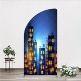 Aperturee - Aperturee Dreamy Night City Half Moon Arch Backdrop featuring Glowing Windows and a Starry Full Moon