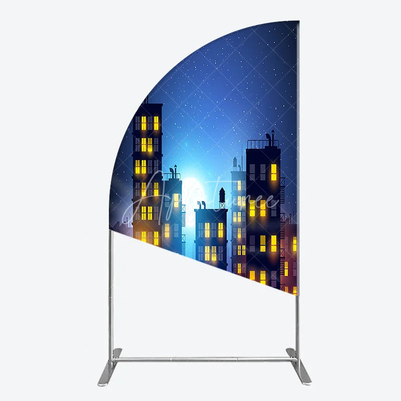 Aperturee - Aperturee Dreamy Night City Half Moon Arch Backdrop featuring Glowing Windows and a Starry Full Moon